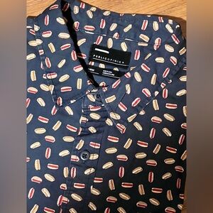 🛍️PUBLIC OPINION Men’s Navy blue hotdog print button down size‎ L.
